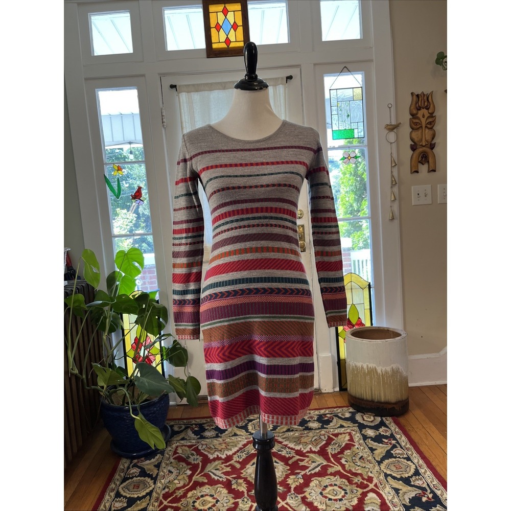 Krimson Klover S Geometric 100% Merino Wool Knit Sweater Dress Colorful